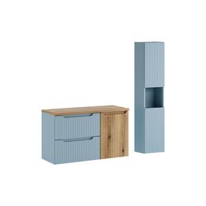 Imagine Set mobilier baie Nova Denim 100 cm, dulap inalt si masca lavoar cu cos de rufe integrat, Comad, MDF/PAL, albastru denim