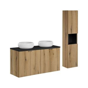 Imagine Set mobilier baie Nova Oak 120 cm, dulap inalt si masca dubla cu lavoar, Comad, MDF/PAL, stejar/negru