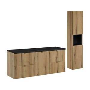 Imagine Set mobilier baie Nova Oak 140 cm S HC, dulap inalt si masca dubla lavoar, Comad, MDF/PAL, stejar/negru