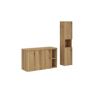 Imagine Set mobilier baie, Nova Oak 100 cm HC LR, Comad, dulap inalt si masca dubla pentru lavoar, PAL, stejar