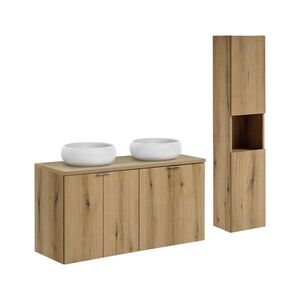 Imagine Set mobilier baie Nova Oak 120 cm, dulap inalt si masca dubla cu lavoar, Comad, PAL, stejar