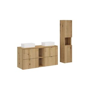 Imagine Set mobilier baie, Nova Oak 120 cm, dulap inalt si masca dubla cu lavoar, Comad, PAL, stejar