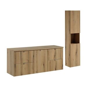 Imagine Set mobilier baie, Nova Oak 140 cm, dulap inalt si masca dubla pentru lavoar, Comad, PAL, stejar