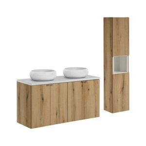 Imagine Set mobilier baie Nova Oak 120 cm, dulap inalt si masca dubla cu lavoar, Comad, MDF/PAL, stejar/alb