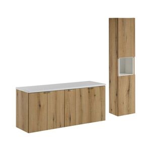 Imagine Set mobilier baie Nova Oak 140 cm D HC, dulap inalt si masca dubla lavoar, Comad, MDF/PAL, stejar/alb