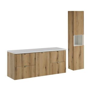 Imagine Set mobilier baie Nova Oak 140 cm S HC, dulap inalt si masca dubla lavoar, Comad, MDF/PAL, stejar/alb