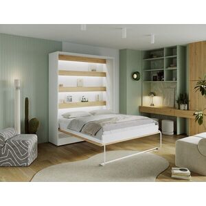 Imagine Pat rabatabil vertical cu biblioteca si iluminare LED, 160x200 cm, ELTAP, Devesto, PAL/metal, alb/natur