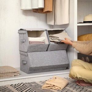 Imagine Set 3 cutii depozitare Songmics, 25x35x25 cm/50x35x25 cm, textil cu aspect de in/fier, stivuibile, max 10 kg, gri