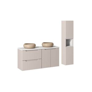 Imagine Set mobilier baie Nova Cashmere 120 cm, dulap inalt si masca dubla cu lavoar, Comad, MDF/PAL, casmir/alb