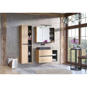 Imagine Set mobilier baie Devon 100 cm, dulap inalt, masca cu lavoar si cabinet cu oglinda, Comad, PAL, stejar/negru