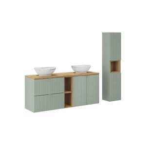 Imagine Set mobilier baie Line Reed Green 140 cm, dulap inalt si masca dubla cu lavoar, Comad, MDF/PAL, verde