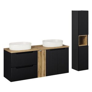 Imagine Set mobilier baie Nova Black Beyond 140 cm, dulap inalt si masca dubla cu lavoar, Comad, MDF/PAL, negru/stejar