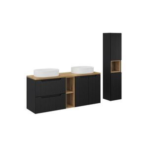 Imagine Set mobilier baie Nova Black Beyond 140 cm, dulap inalt si masca dubla cu lavoar si raft, Comad, MDF/PAL, negru/stejar