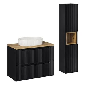 Imagine Set mobilier baie Nova Black Beyond 80 cm, dulap inalt si masca cu lavoar, Comad, MDF/PAL, negru/stejar