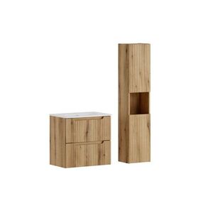 Imagine Set mobilier baie Nova Coast Evoke Sky 60 cm, dulap inalt si masca cu lavoar, Comad, MDF/PAL, stejar
