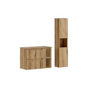 Imagine Set mobilier baie Nova Coast Evoke Oak 80 cm, dulap inalt si masca lavoar, Comad, MDF/PAL, stejar