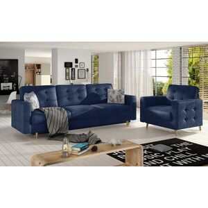 Imagine Set canapea extensibila 3 locuri si fotoliu ELTAP, Asgard, 235x95x86 cm / 107x92x86 cm, lemn/poliester, albastru inchis