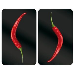 Imagine Set 2 protectii universale pentru aragaz Hot Pepperoni, Wenko, 3.2 x 30 x 52 cm, sticla termorezistenta/thermoplastic/plastic, negru/rosu
