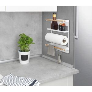 Imagine Suport multifunctional pentru bucatarie, Wenko, Magna, 33 x 8 x 34 cm, metal/bambus, alb/egru