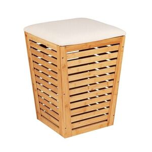 Imagine Taburet, Wenko, Bambusa, cos de rufe inclus, 55 L, 40 x 56 x 40 cm, lemn de nuc/bumbac/poliester, natur/bej