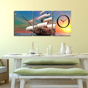 Imagine Ceas de perete decorativ din pânză (3 bucăți), 3P3040CS-71, 28 x 38 cm, 3 piese, Multicolor