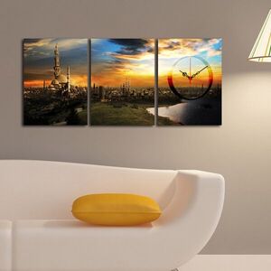 Imagine Ceas de perete decorativ din pânză (3 bucăți), 3P3040CS-82, 28 x 38 cm, 3 piese, Multicolor