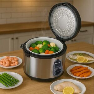 Imagine Aparat de gatit orez Beper, Vapore Pro, 28x28 cm, 700W, 1.8L, inox/aluminiu/plastic, argintiu/negru