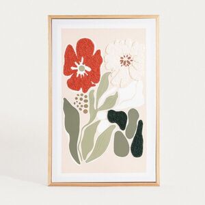 Imagine Tablou decorativ flori si frunze abstracte Saaro, Homla, 38x58x3 cm, lemn/hartie, natur