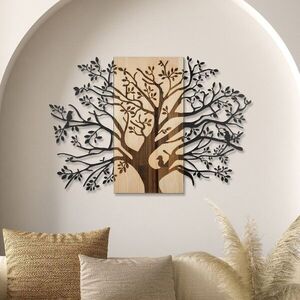Imagine Decoratiune de perete, Sombra del Bosque -1, Metal, Rama din lemn (grosime 3 cm), Natural/Negru