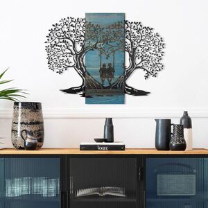 Imagine Decoratiune de perete, Sogno Forestale -3, Metal, Rama din lemn (grosime 3 cm), Albastru/Negru