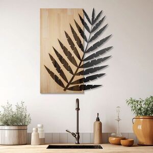 Imagine Decoratiune de perete, Hoja de Arte -1, Metal, Rama din lemn (grosime 3 cm), Natural/Negru