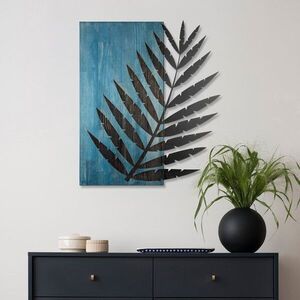 Imagine Decoratiune de perete, Hoja de Arte -1, Metal, Rama din lemn (grosime 3 cm), Albastru/Negru