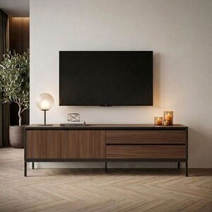 Imagine Comoda TV, Hanah Home, Lorenza, 180x55x40 cm, PAL, Nuc Milano / Negru lemn / Negru