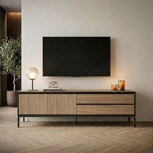 Imagine Comoda TV, Hanah Home, Lorenza, 180x55x40 cm, PAL, Stejar Sepet / Lemn Negru / Negru