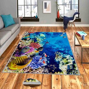 Imagine Covor, Wookece663, 100x300 cm, Poliester, Albastru / Coral / Galben / Roșu