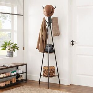 Imagine Cuier cu 6 agatatori si 2 rafturi Tree, Vasagle, 49.5x49.5x179 cm, PAL/otel, gri/negru