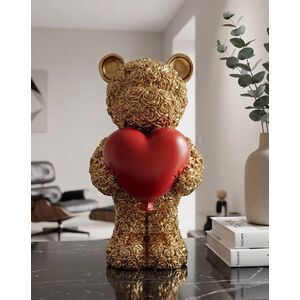 Imagine Statueta / figurina decorativa, Mauro Ferretti, Teddy Bear With Heart, 8.5x7x16 cm, polirasina, auriu/rosu