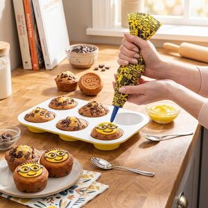 Imagine Set tava pentru briose si punga cu 4 duze de rezerva, Berlinger, Minions Collection, 26.5x18.5x2.5 cm, otel carbon, galben/alb