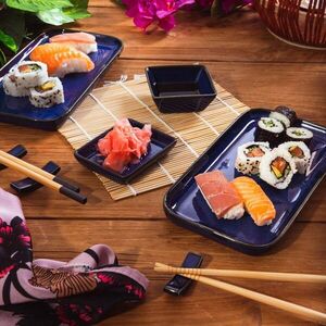 Imagine Set pentru sushi 8 piese Okinava, Homla, pentru 2 persoane, 28x26.5 cm, ceramica/bambus, albastru