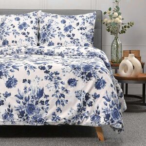 Imagine Lenjerie de pat King Size, Sorli, Homla, 3 piese, 200x220 cm, 70x80 cm, bumbac, alb/albastru