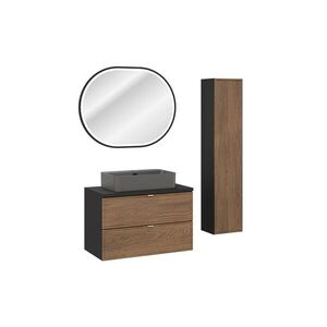 Imagine Set mobilier baie, masca cu lavoar, dulap inalt si oglinda LED, 80 cm Trust, Talia Casella Black, Comad, MDF/PAL laminat, stejar casella/negru mat