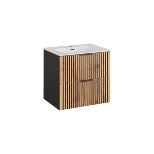 Imagine Set dulap de baie cu lavoar si sifon, 60 cm, Xilo, Comad, MDF/PAL laminat, stejar wotan/ gri piatra