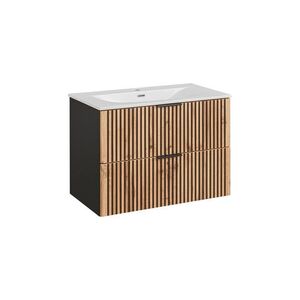 Imagine Set dulap de baie cu lavoar si sifon, 80 cm, Xilo, Comad, MDF/PAL laminat, stejar wotan/ gri piatra