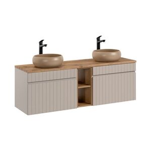 Imagine Set mobilier baie, dulap dublu si 2 lavoare, 140 cm Wiki Coast Evoke, Iconic Cashmere Oak, Comad, MDF/PAL laminat, casmir mat