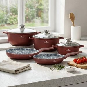 Imagine Set de gatit 8 piese, cu invelis ceramic, Blaumann, Cera Stone, aluminiu turnat, rosu caramiziu