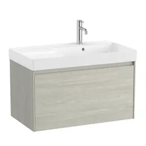 Imagine Set PROMO mobilier baza si lavoar cu polita stanga Roca Ona Unik 1 sertar 80x46 cm stejar deschis
