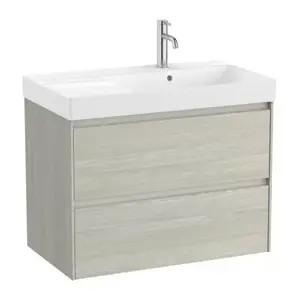 Imagine Set PROMO mobilier baza si lavoar cu polita stanga Roca Ona Unik 2 sertare 80x46 cm stejar deschis