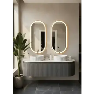 Imagine Set Mobilier baie suspendat dublu 150 cm, cu lavoare si oglinzi LED, gri
