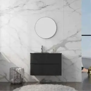 Imagine Set mobilier suspendat, Spectrum, Alcazar, 80 cm, și lavoar din sticlă, negru mat