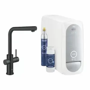Imagine Baterie bucatarie Grohe Blue Home cu pipa tip L si kit Starter negru mat